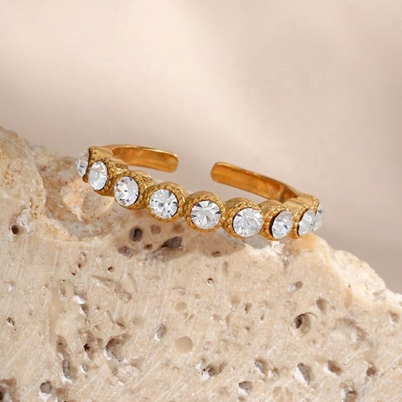 Vintage Sparkly Zircon 18K Gold Plated Adjustable Ring Stainless Steel - Picture 7 of 10